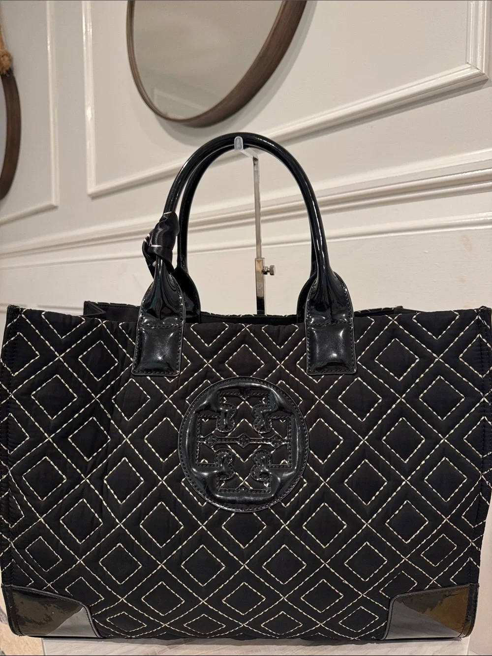 Tory Burch Bag Ella Quilted Black Large Nylon Tote Rare
